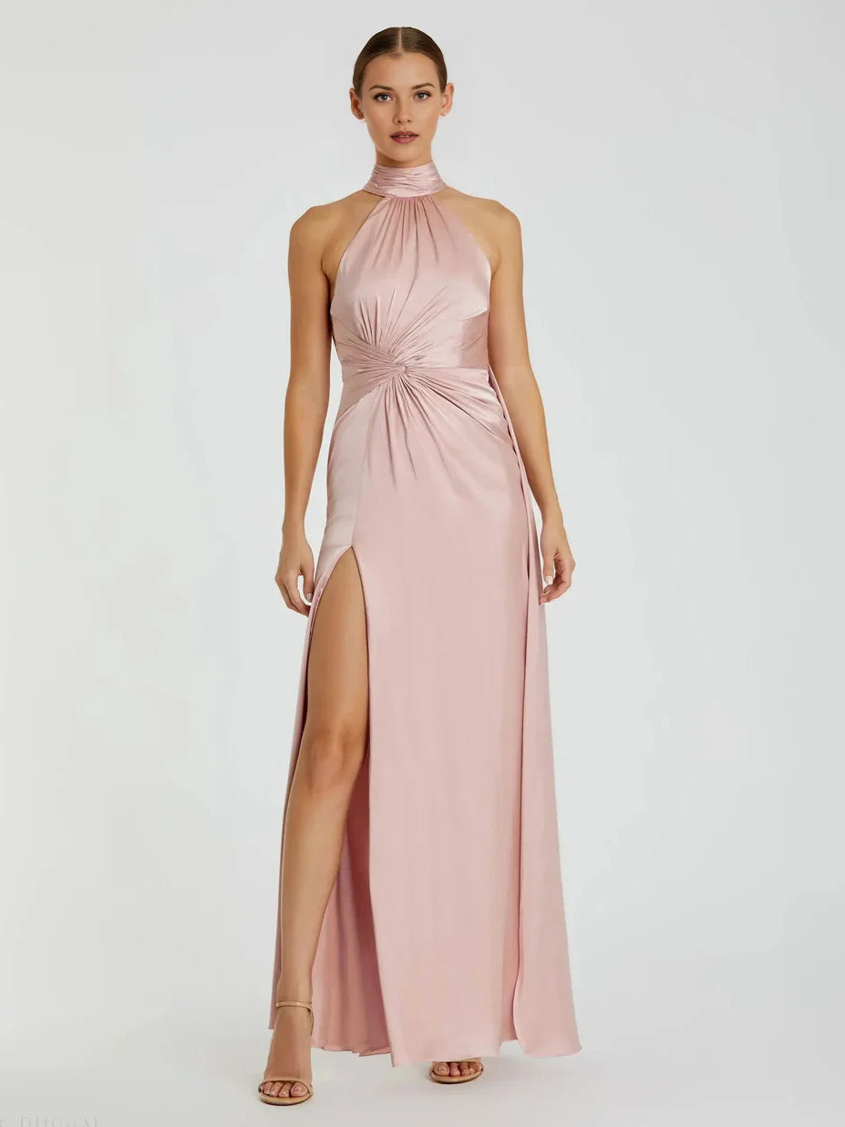 Dusty pink satin halter sheath prom dress with ruched waist and side slit, floor length