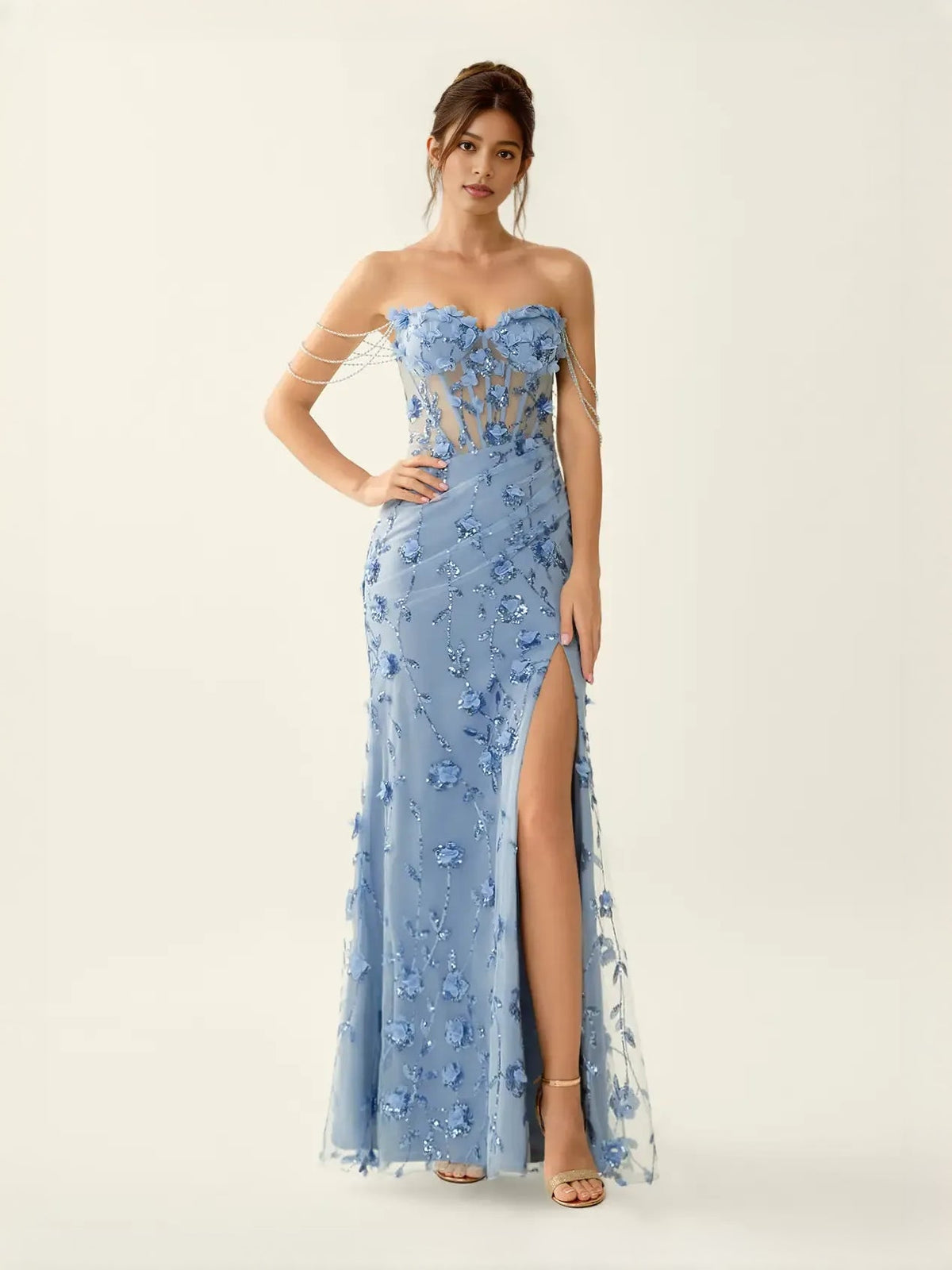 Light blue strapless corset prom dress with floral appliques, mermaid maxi and side slit