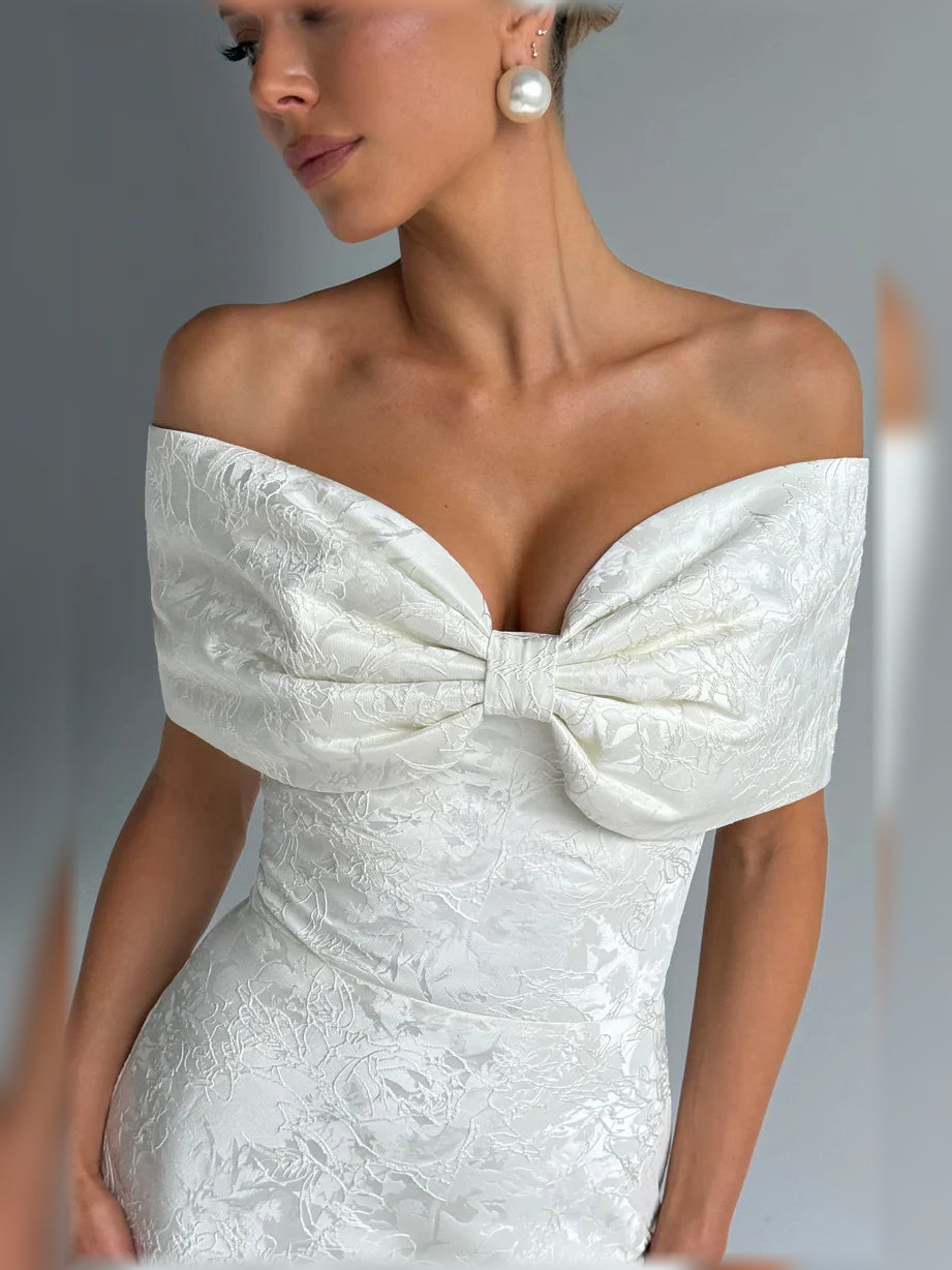 Ivory off-the-shoulder corset mermaid floor-length formal dress, angled neckline