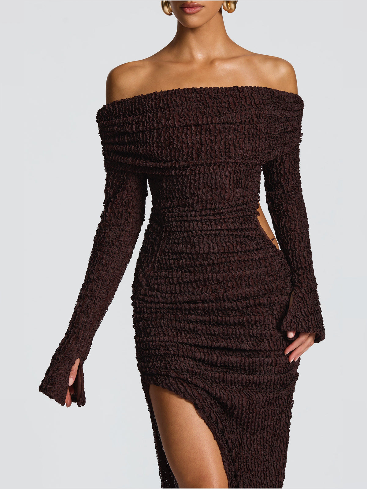 Brown ruched off-shoulder midi formal dress with long sleeves and side slit