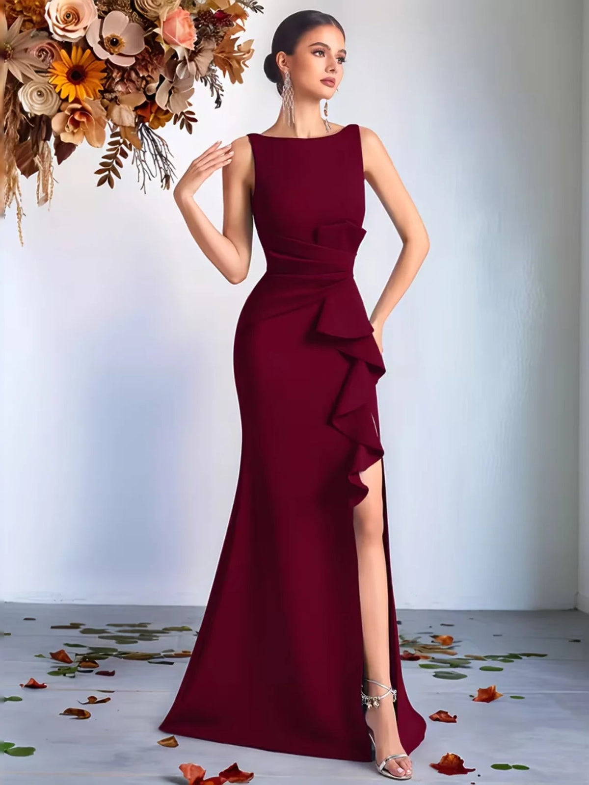 Floor-length crimson red sleeveless prom dress with round neck, peplum ruffles, side slit