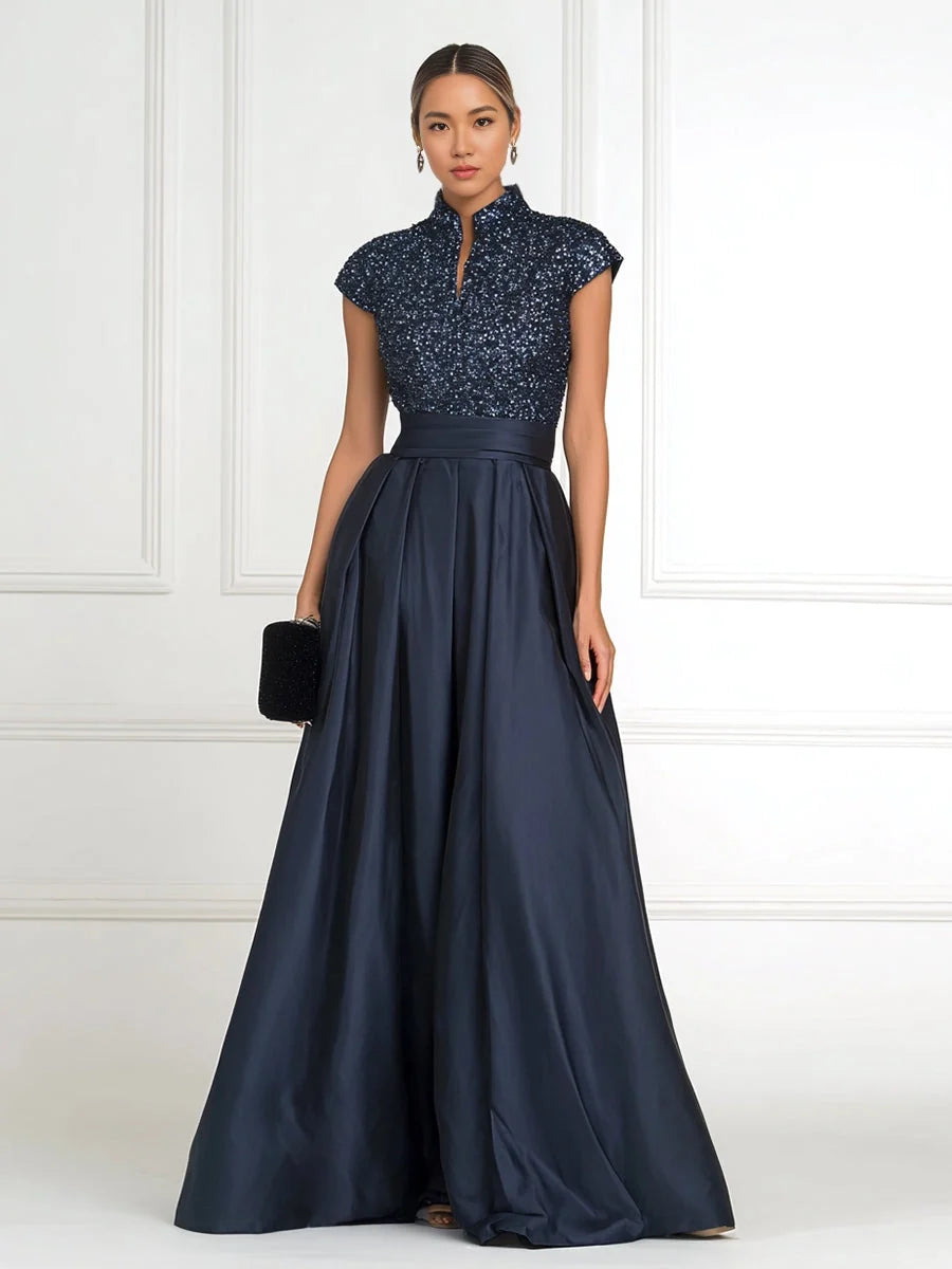 Navy blue pleated sequin high-neck A-line satin gown with cap sleeves, floor length
