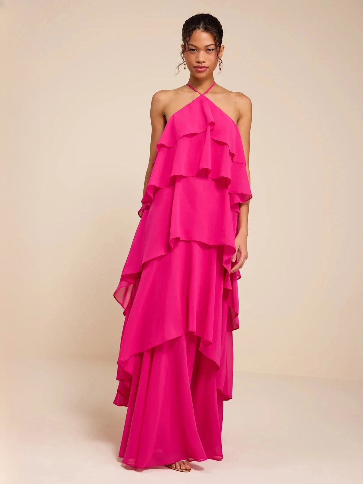 Hot pink tiered ruffle V-neck A-line maxi chiffon dress with off-shoulder ruffle detail