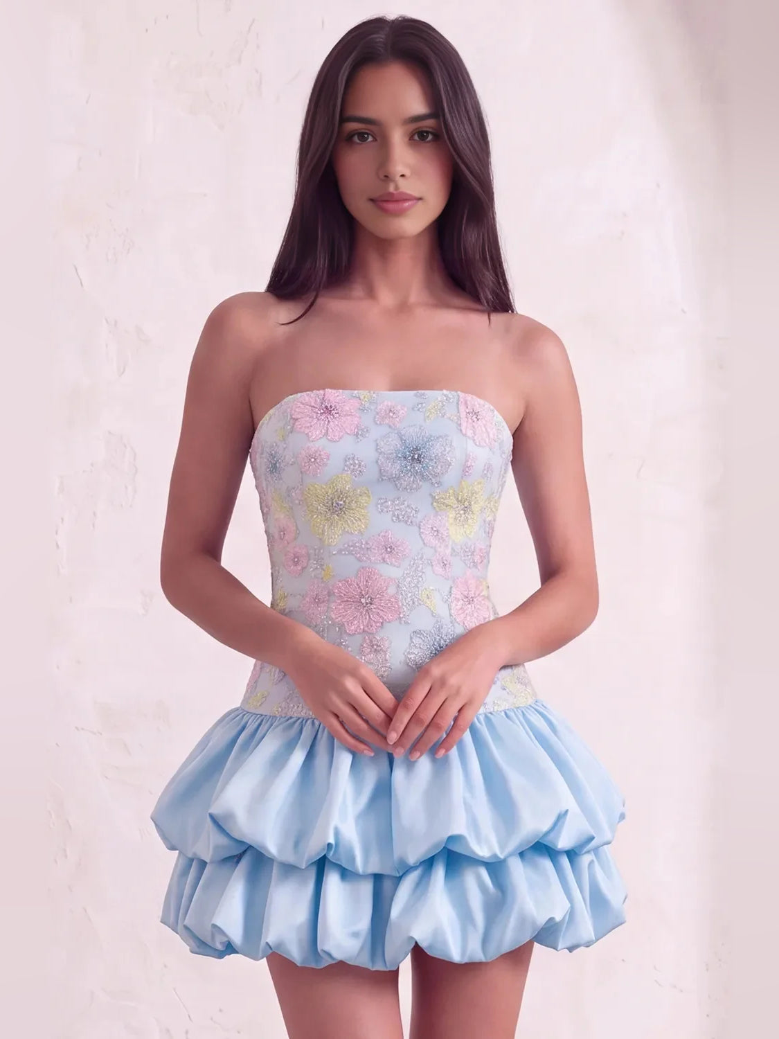 Light blue strapless A-line mini dress with floral bodice and layered ruffle skirt