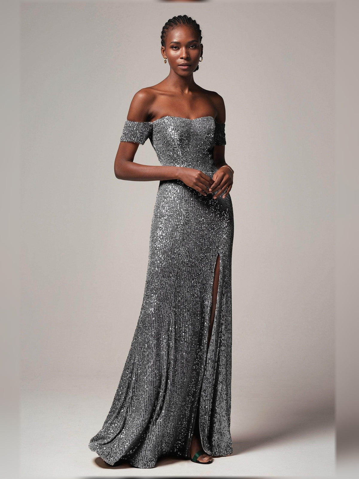 Steel grey off-the-shoulder corset sequin formal dress with slit and floor length