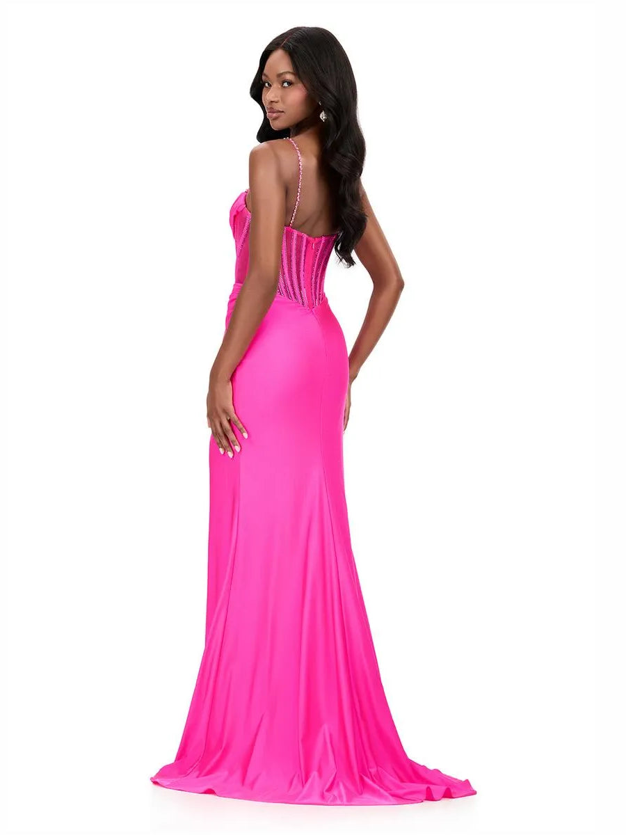 Fuchsia sweetheart corset mermaid formal dress with spaghetti straps and front slit