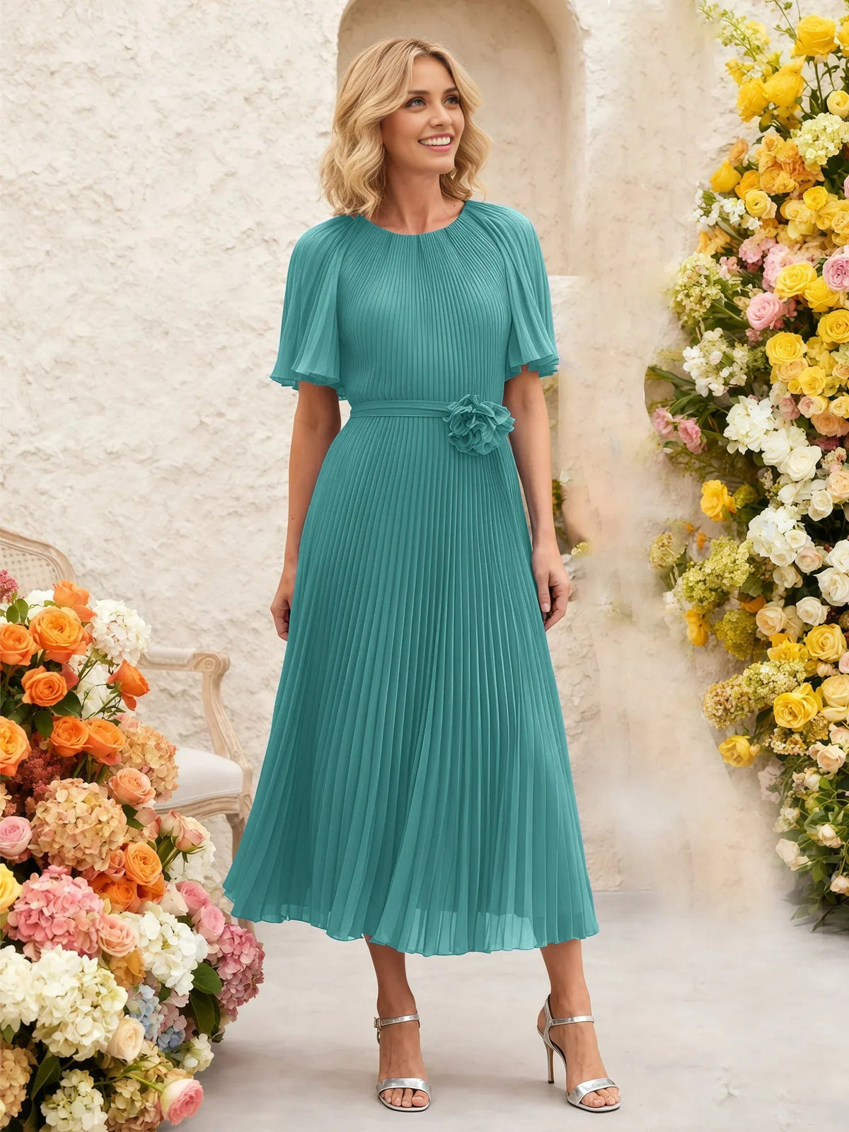 Jade pleated chiffon midi A-line dress with flutter sleeves and floral waist tie