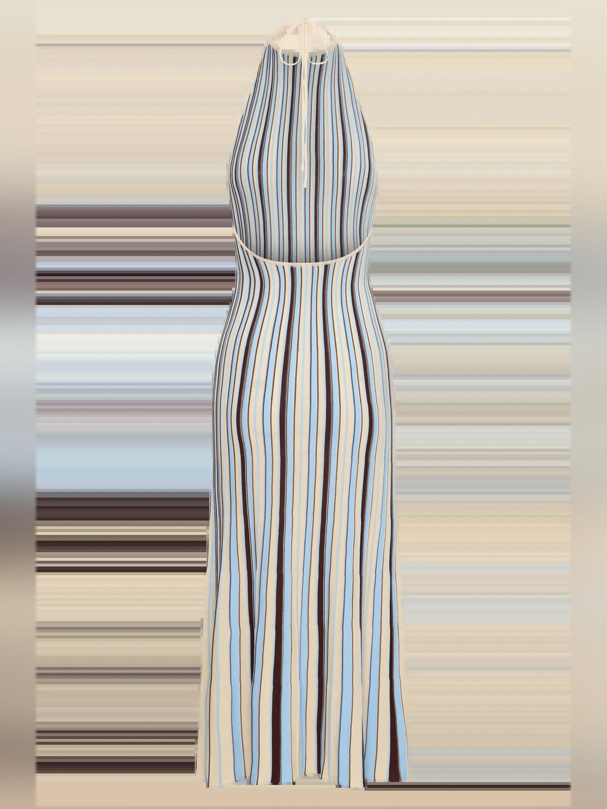 Halterneck knit midi formal dress front view on a hanger, vertical cream, blue, and brown stripes.
