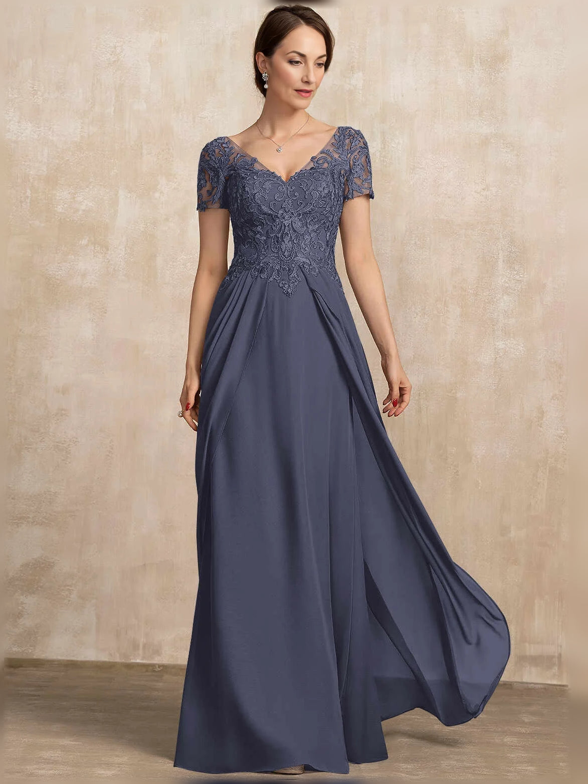 Dark blue V-neck chiffon A-line mother-of-the-bride dress with lace bodice and side slit