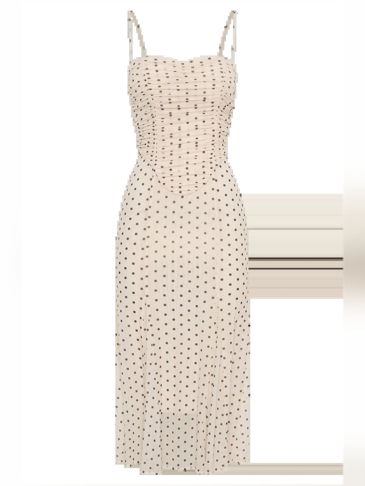 Polka-dot mesh midi formal dress with ruched center bodice and spaghetti straps