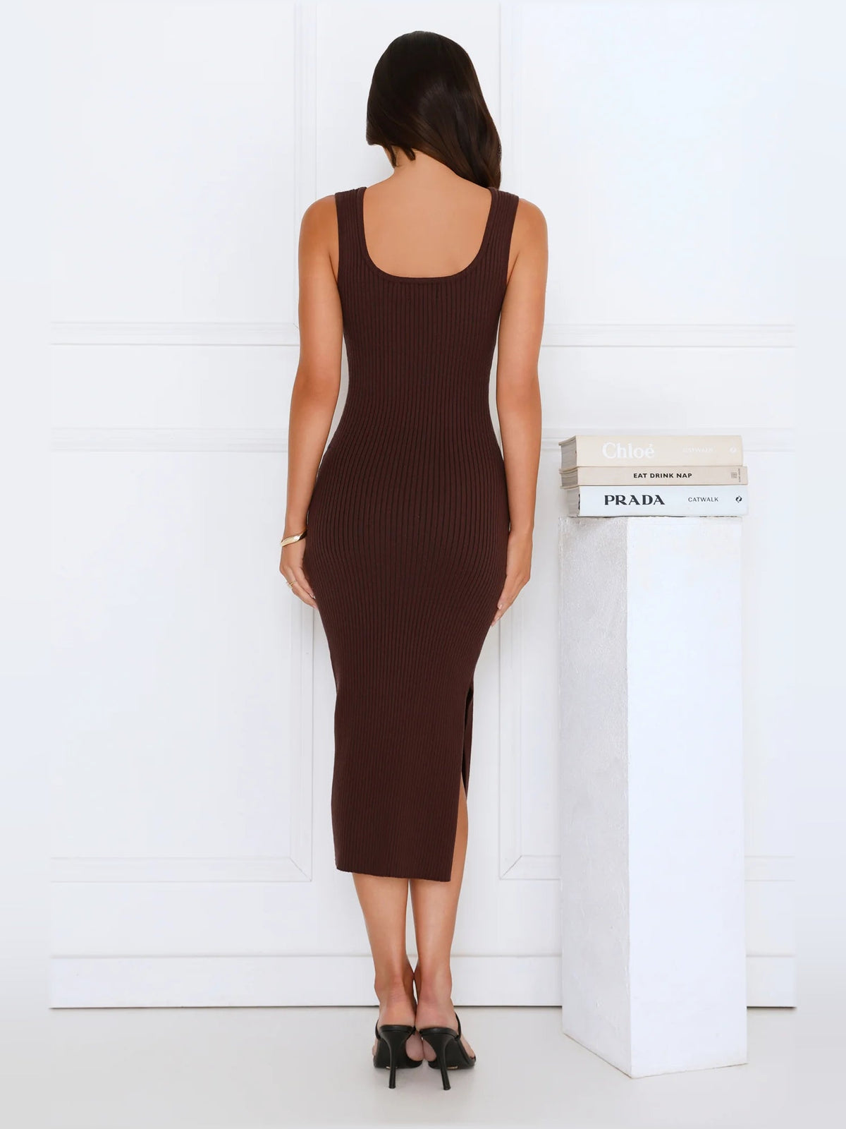 Brown knit midi dress, sleeveless scoop back, fitted ribbed bodycon, back view