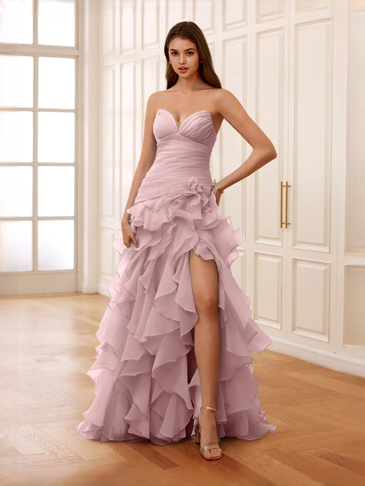 Dusty pink strapless sweetheart corset maxi dress with tiered ruffles and leg slit