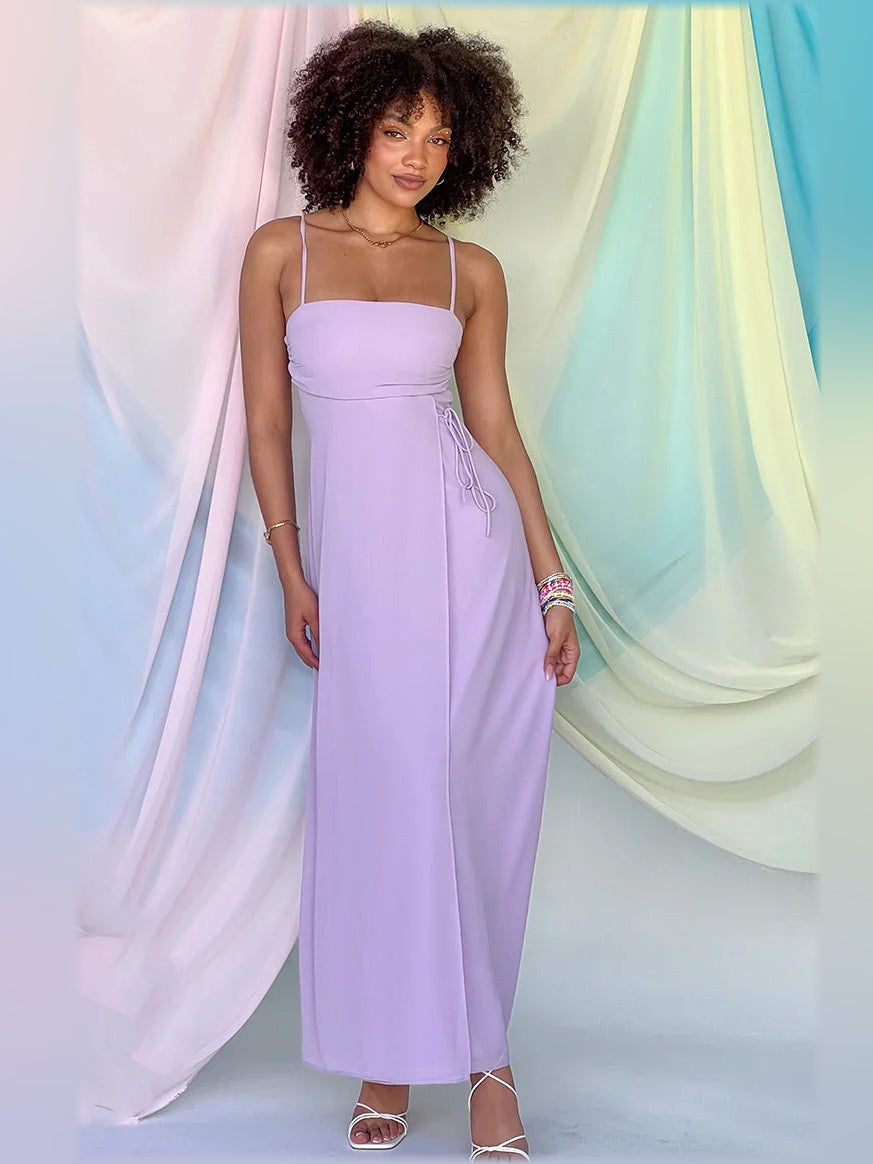 Lilac spaghetti strap A-line formal maxi dress with waist tie