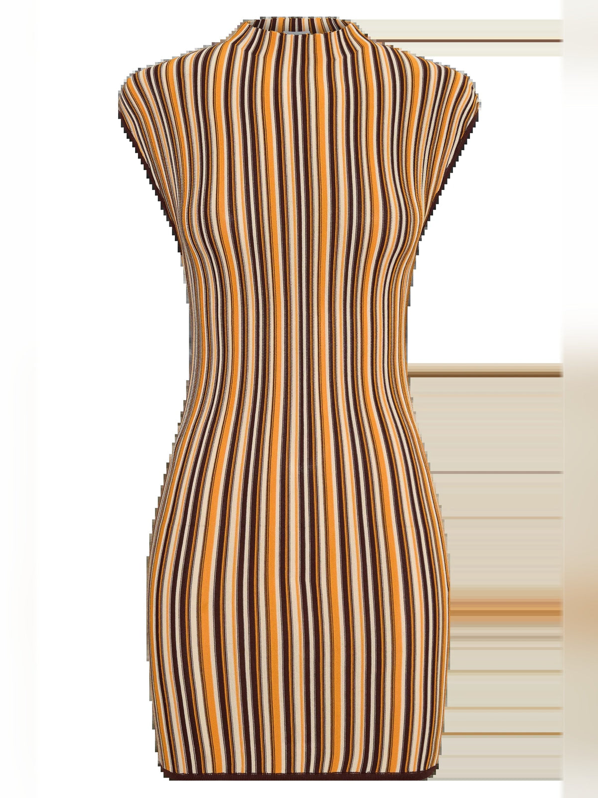 Sleeveless mock-neck mini dress, vertical stripe design in brown, cream, and dark contrast