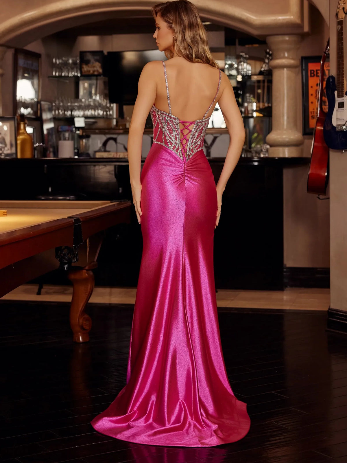 Hot pink satin mermaid prom dress with open back and front slit