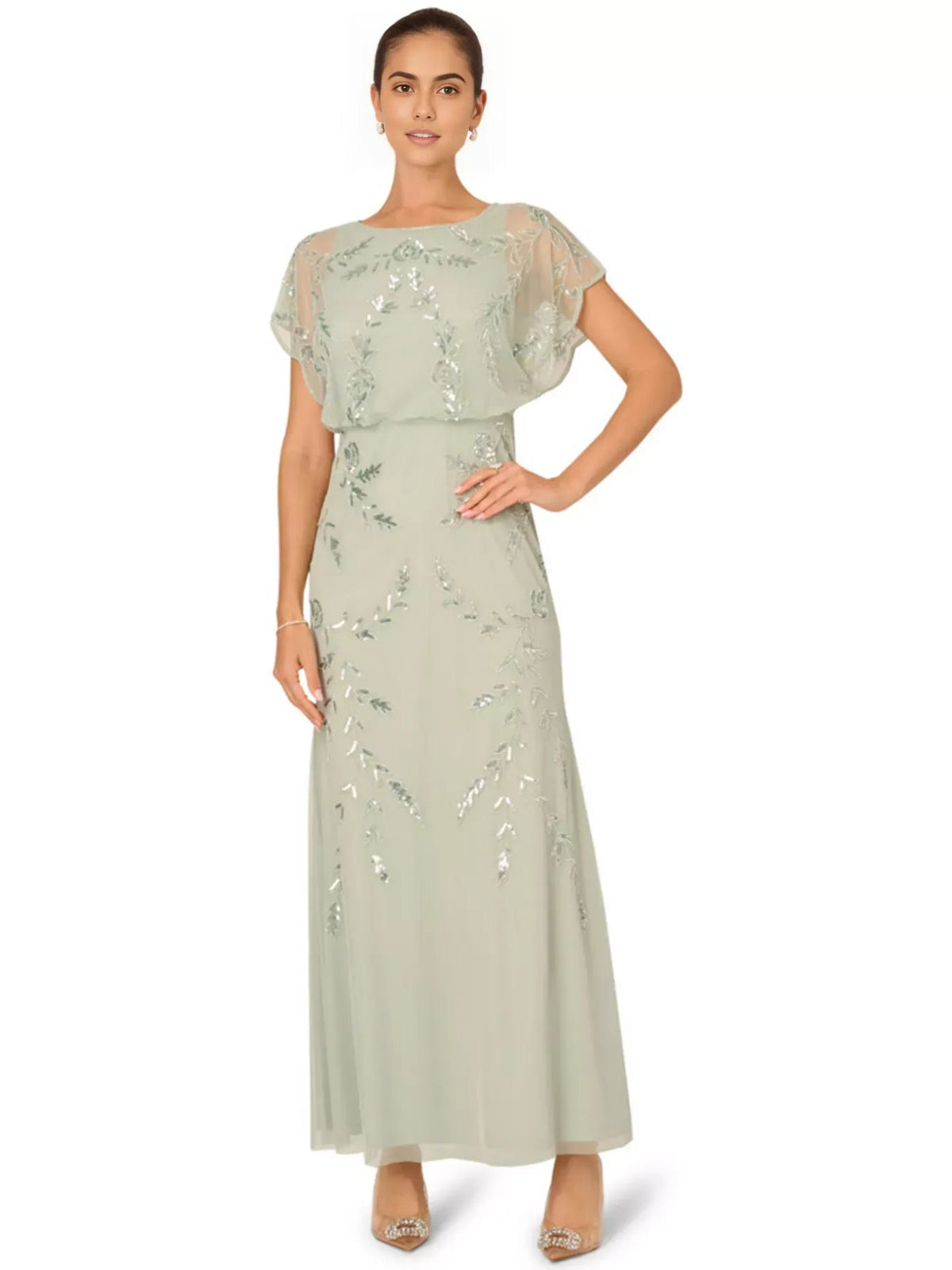 Sage green beaded round-neck sheath maxi dress with short flutter sleeves