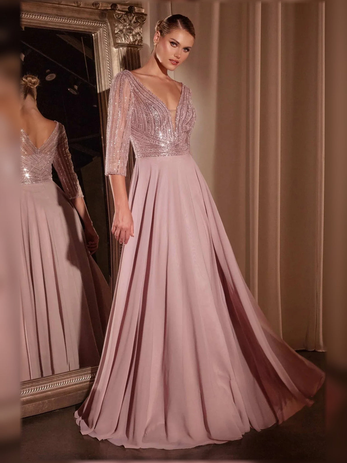 Rose gold V-neck chiffon A-line formal dress with shimmering beaded bodice and 3/4 sleeves