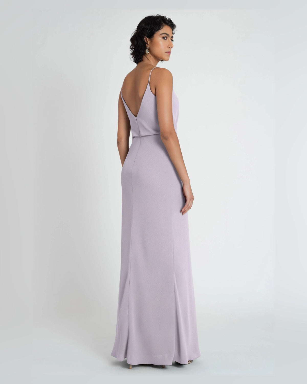 Light lilac draped cowl-neck A-line formal dress, floor-length, open back