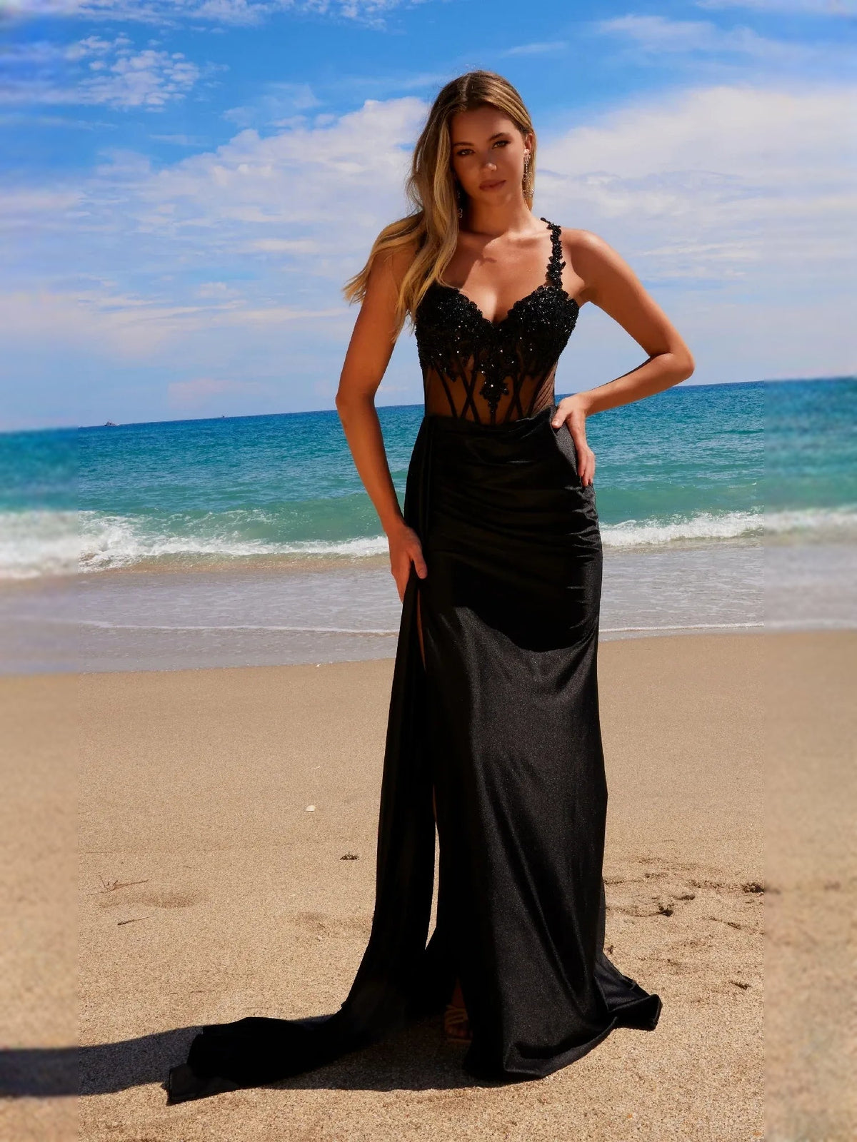 Black mermaid formal dress with beaded corset bodice and side slit
