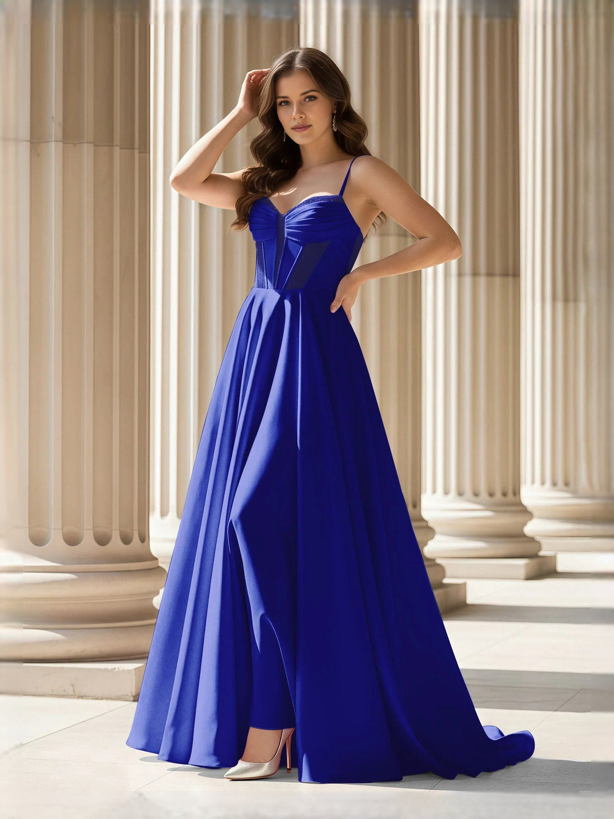 Royal blue sweetheart corset A-line satin prom dress with thin straps, flowing floor-length