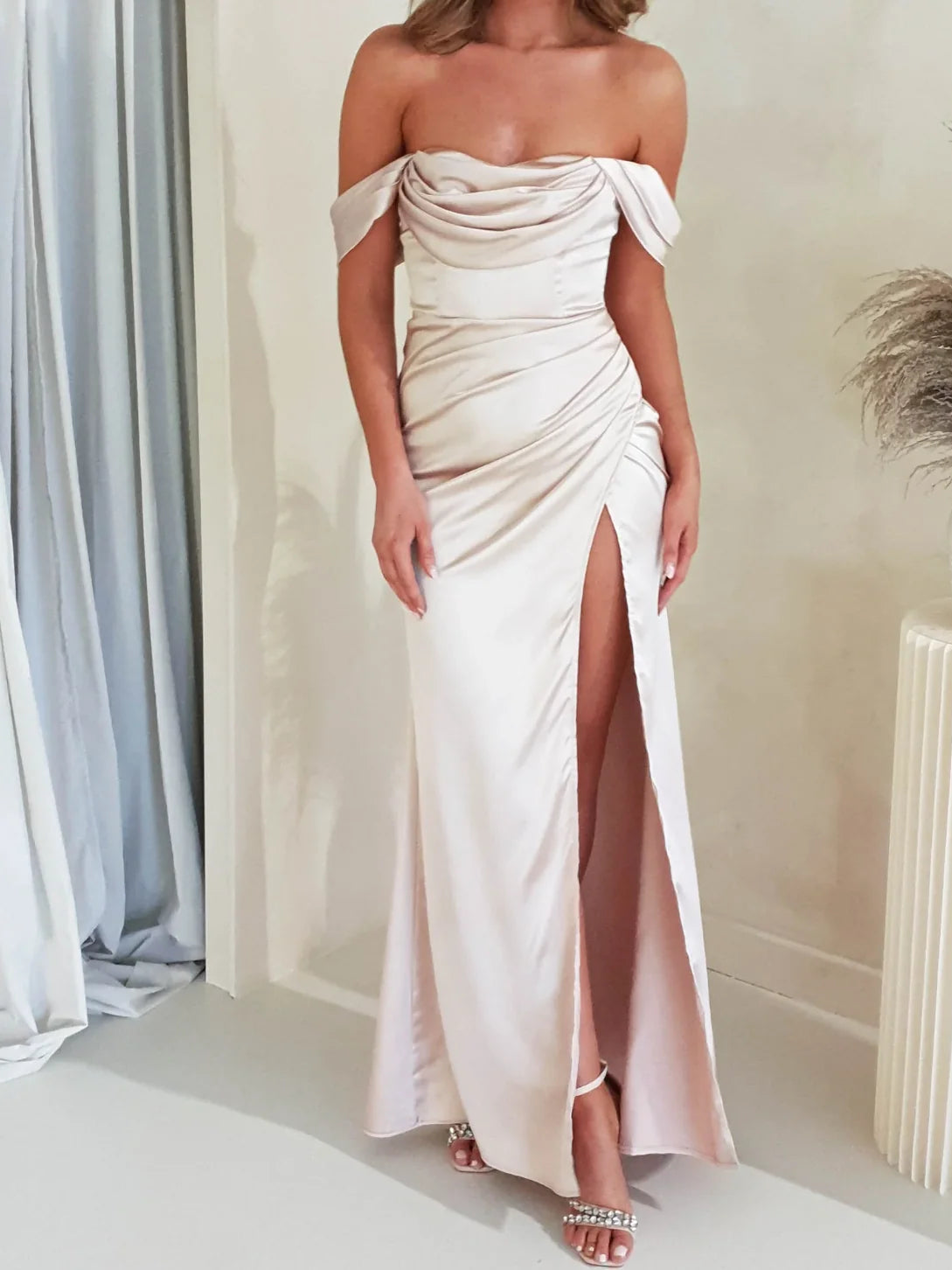 Off-the-shoulder satin slit sheath dress, ivory-white, draped off-shoulder neckline and front slit