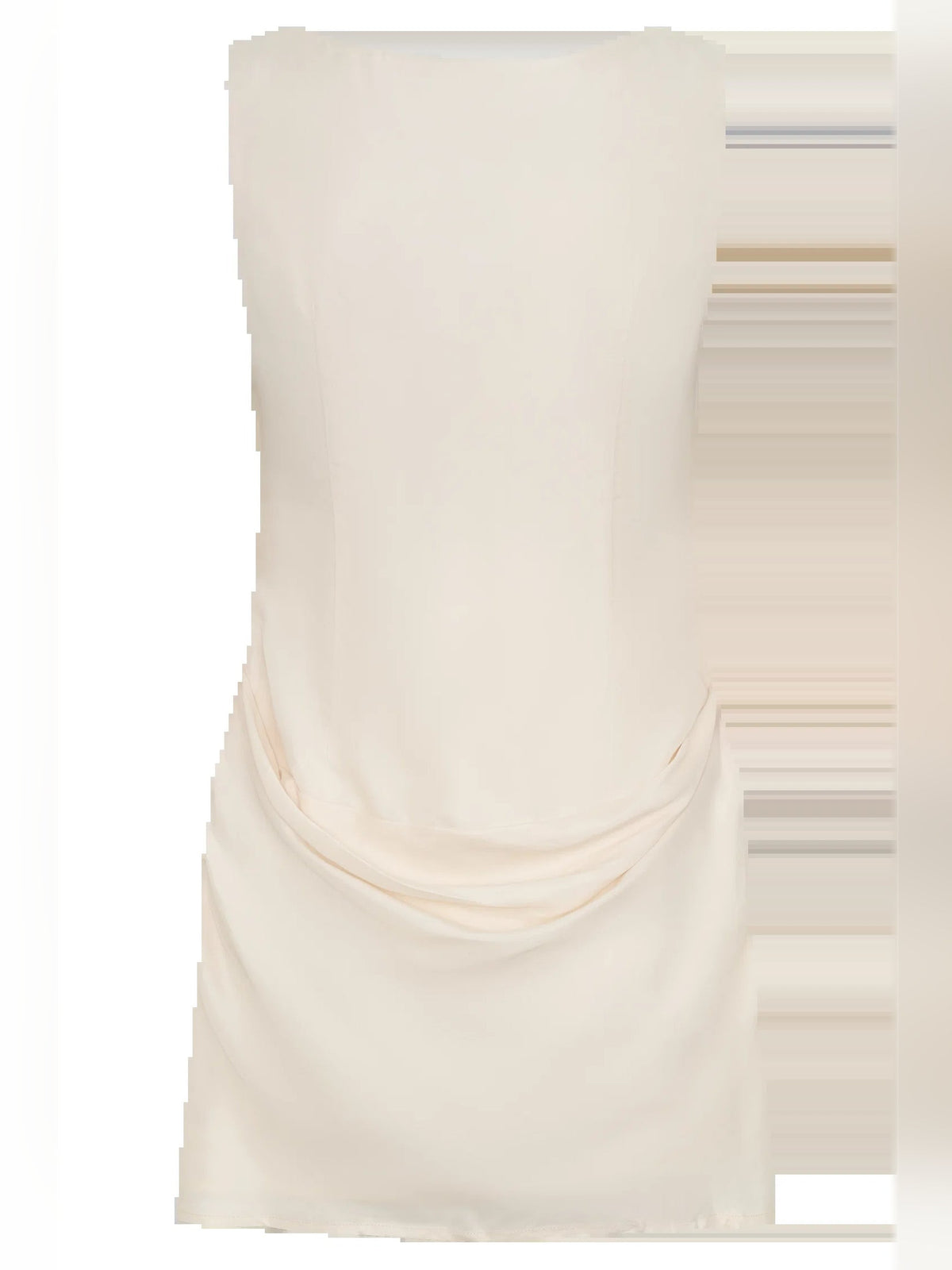 Ivory draped cowl detail on the bodice of a sleeveless mini dress