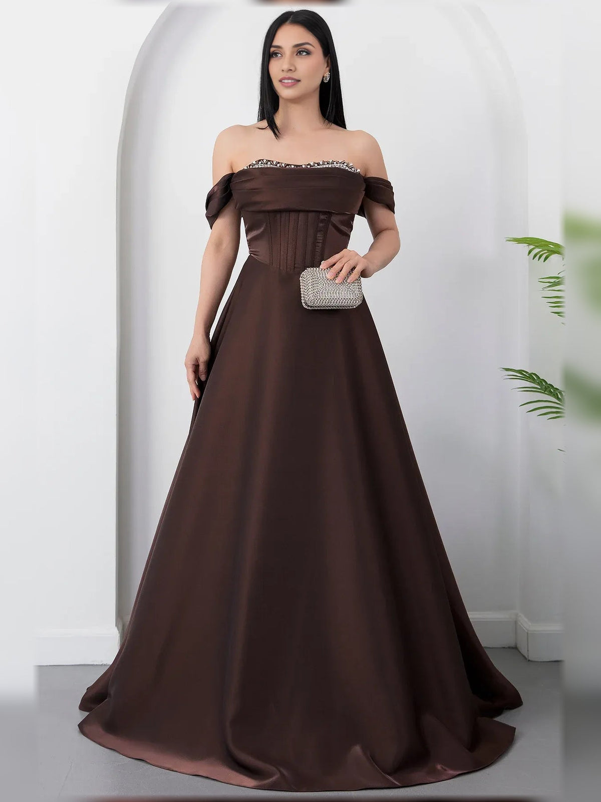 Espresso off-shoulder corset formal dress with beaded neckline and flowing skirt