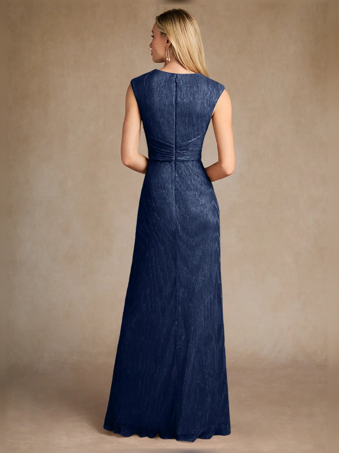 Dark navy V-neck sleeveless maxi sheath dress with back ruching and long skirt