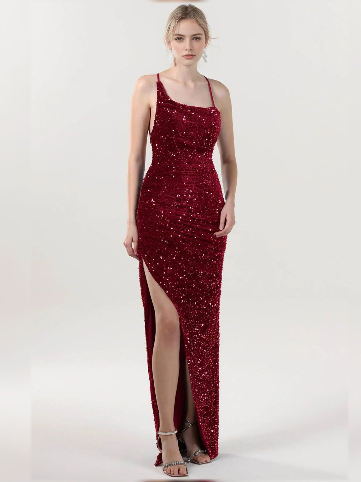 Burgundy cowl neck sequin formal dress with ruching and thigh-high slit