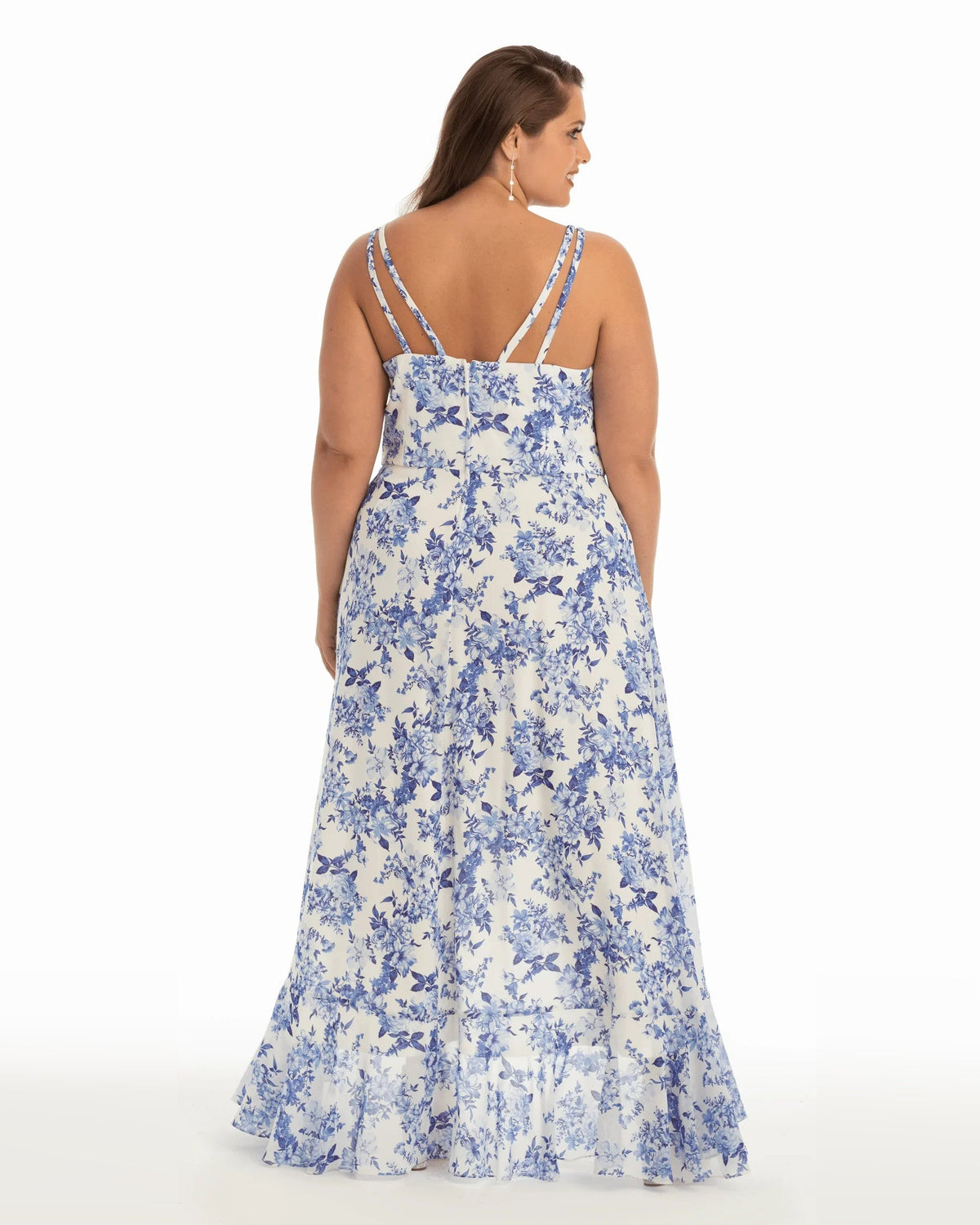 Blue floral print ruffle spaghetti-strap A-line high-low dress, full back view