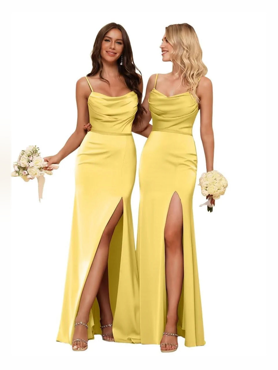 Yellow cowl neck satin sheath bridesmaid dress with sleeveless drape and front thigh slit.