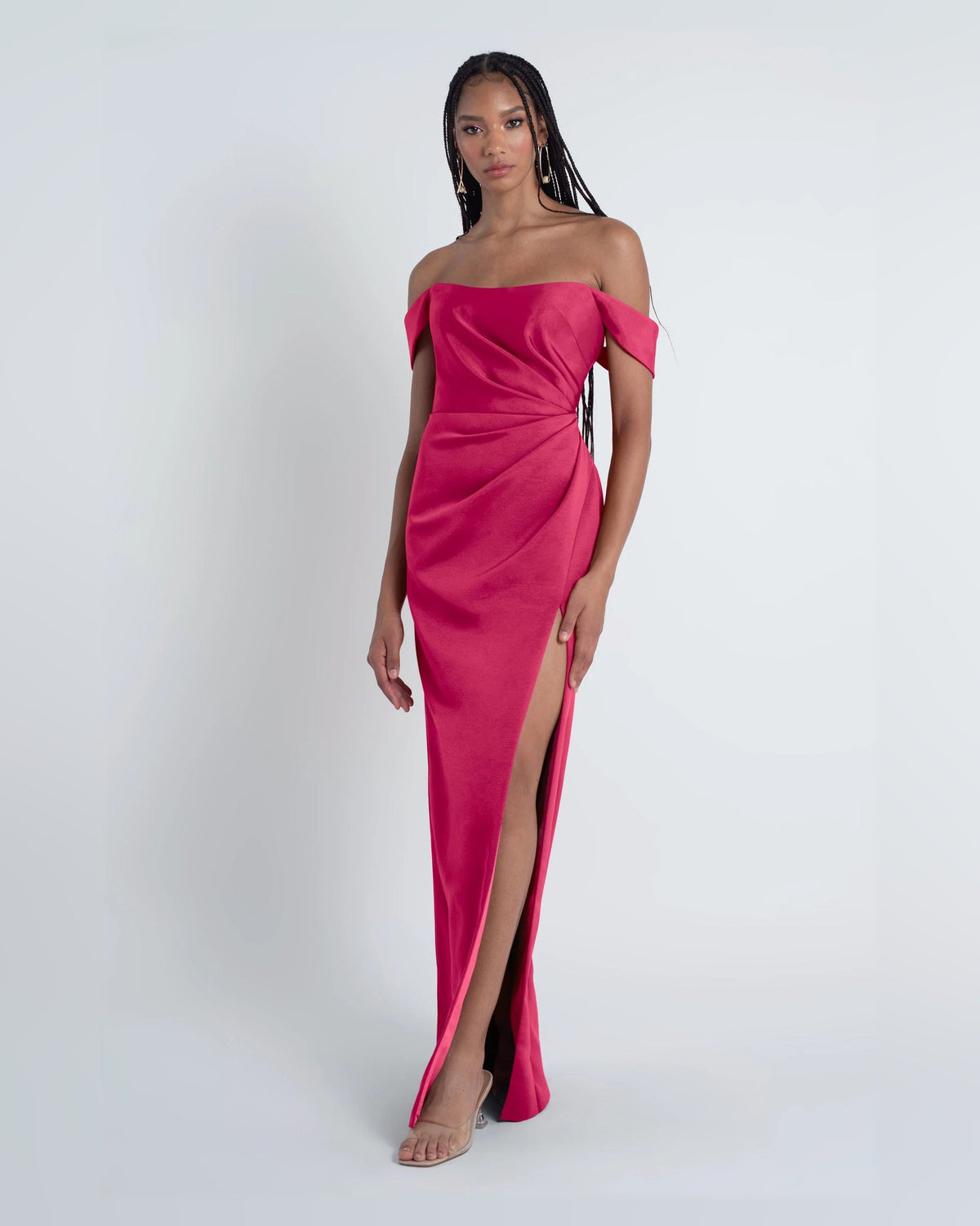 Fuchsia off-shoulder A-line formal dress, floor-length with side slit