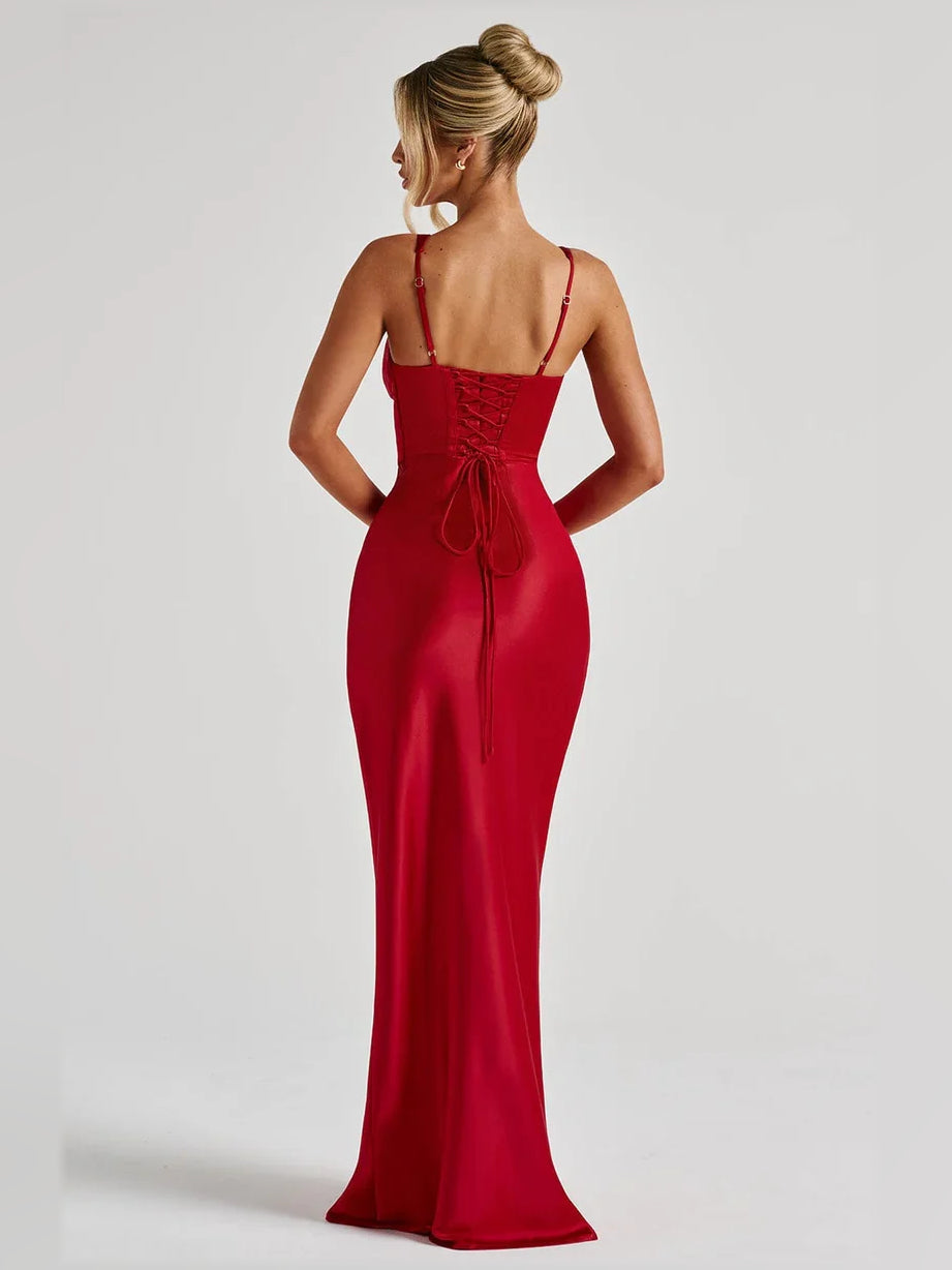 Red v-neck corset mermaid formal dress with thin back straps and floor-length skirt