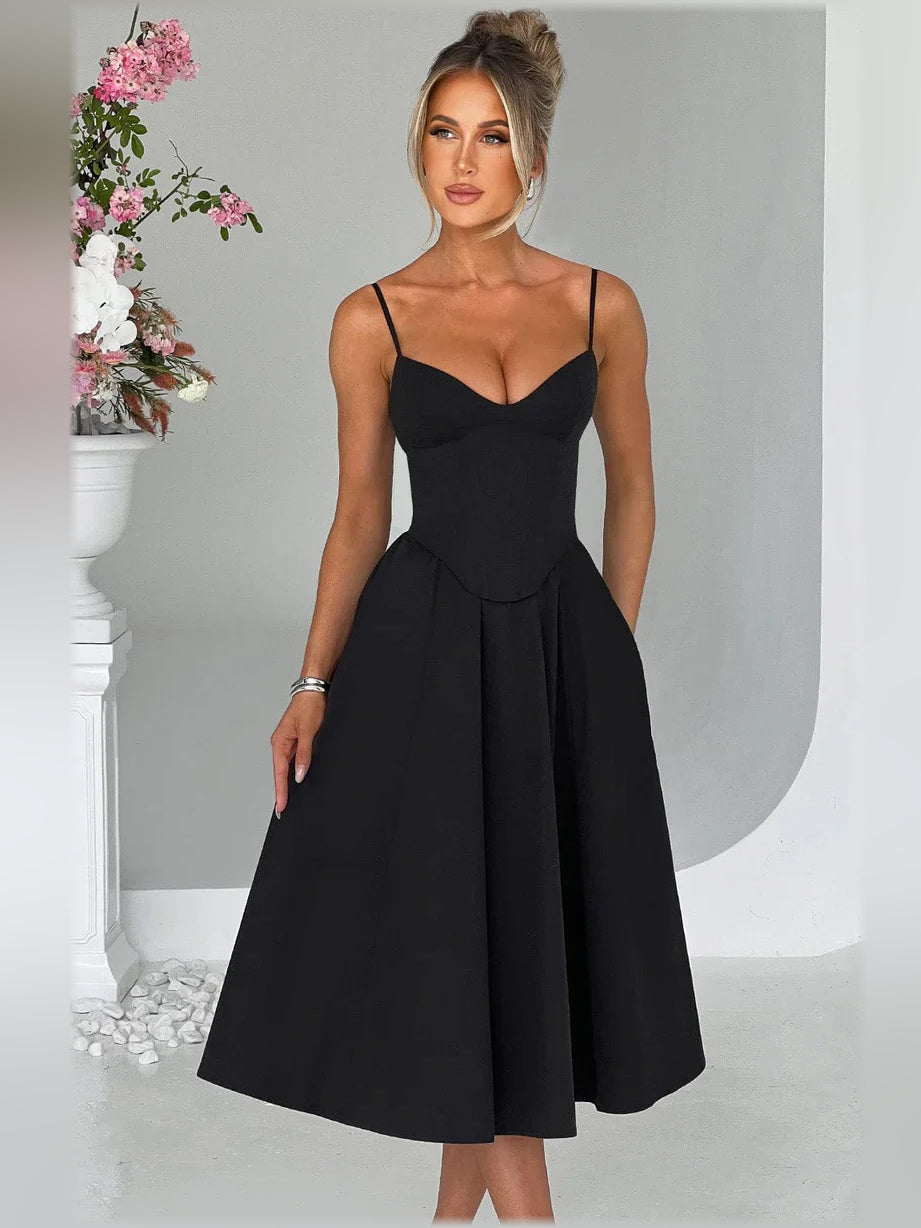 Black sweetheart corset A-line tea-length formal dress with thin straps and cinched waist