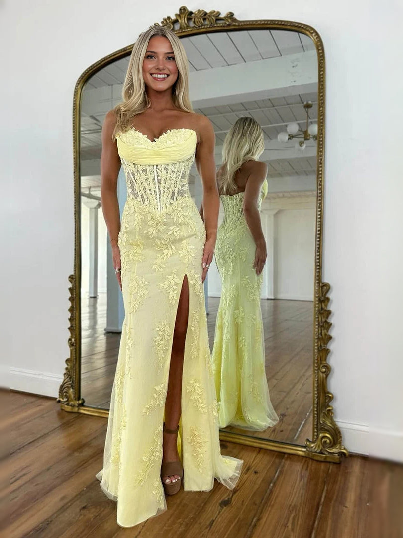 Yellow floor-length sweetheart mermaid prom dress with lace detailing and side slit