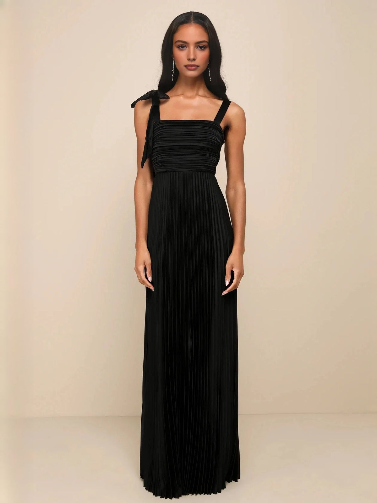Black satin A-line maxi dress, square neckline, ruched bodice, pleated maxi skirt