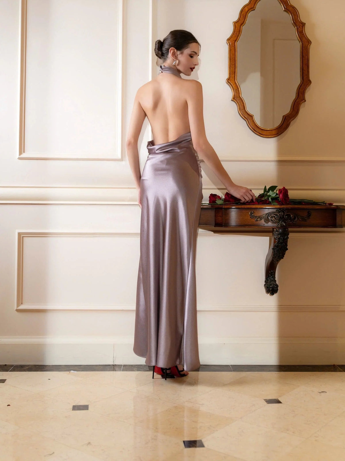 Taupe-gold satin prom maxi dress with open back, draped cowl neck, front slit