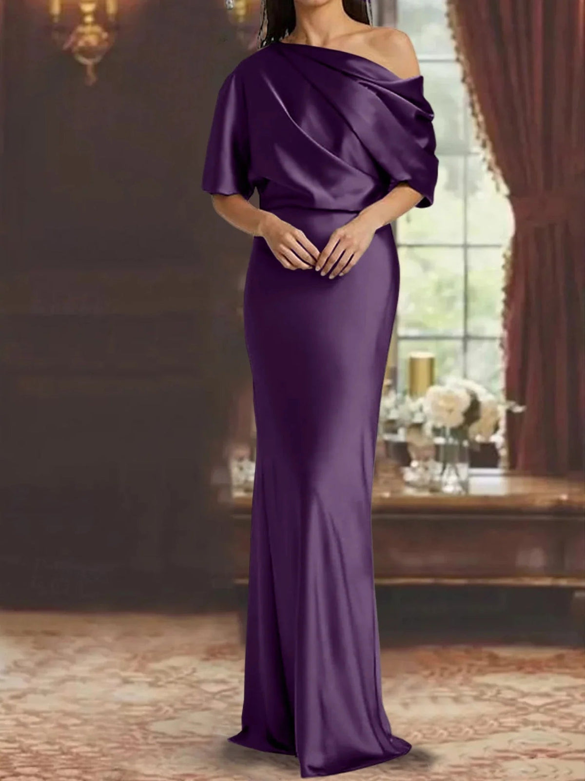 Deep purple one-shoulder draped satin mermaid gown with gathered shoulder drape