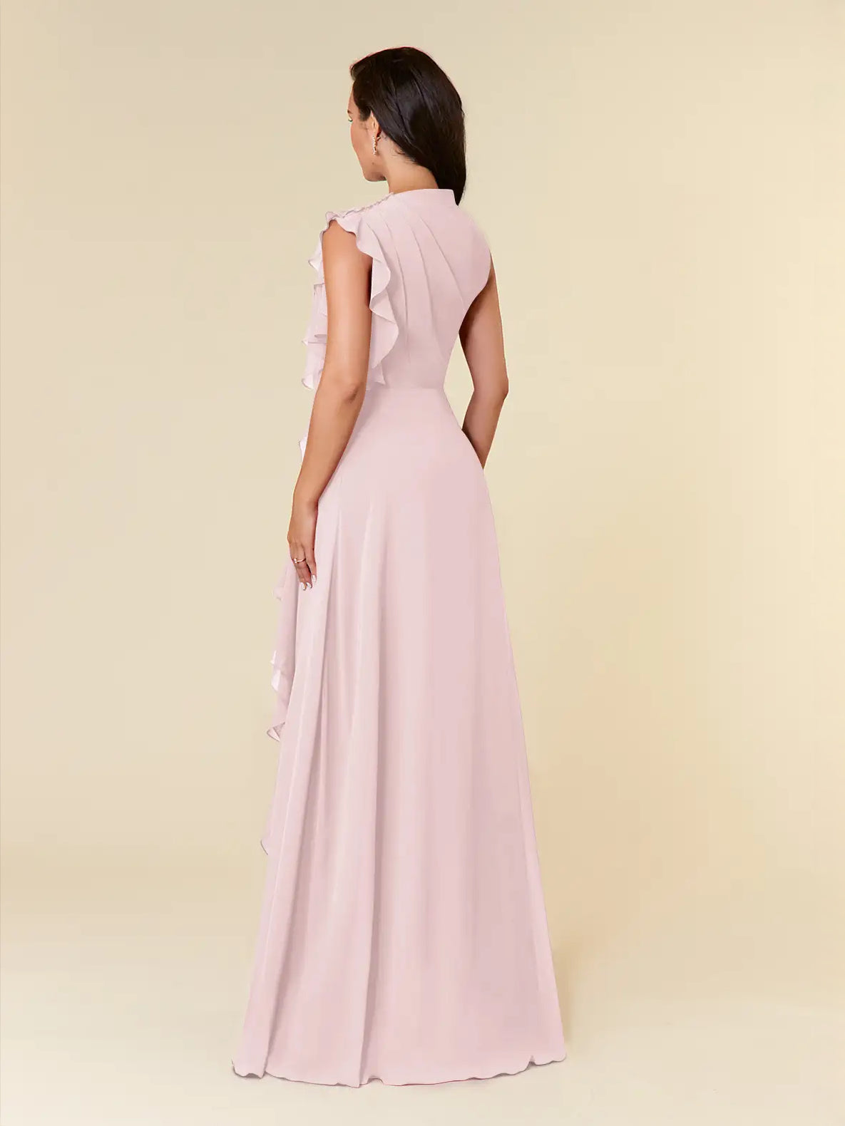 Blush pink draped ruffle high-neck A-line maxi chiffon bridesmaid dress