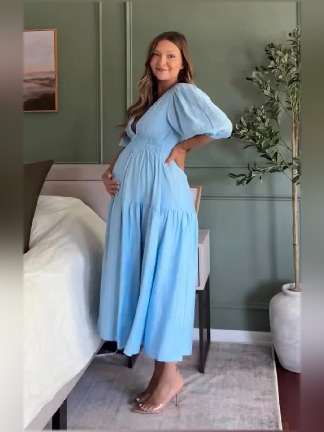 Blue midi formal dress with V-neck, gathered waist, and tiered skirt