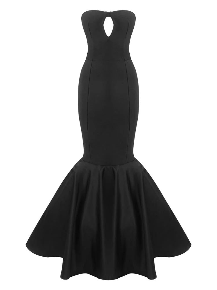 Black strapless formal dress with open back and mermaid skirt silhouette