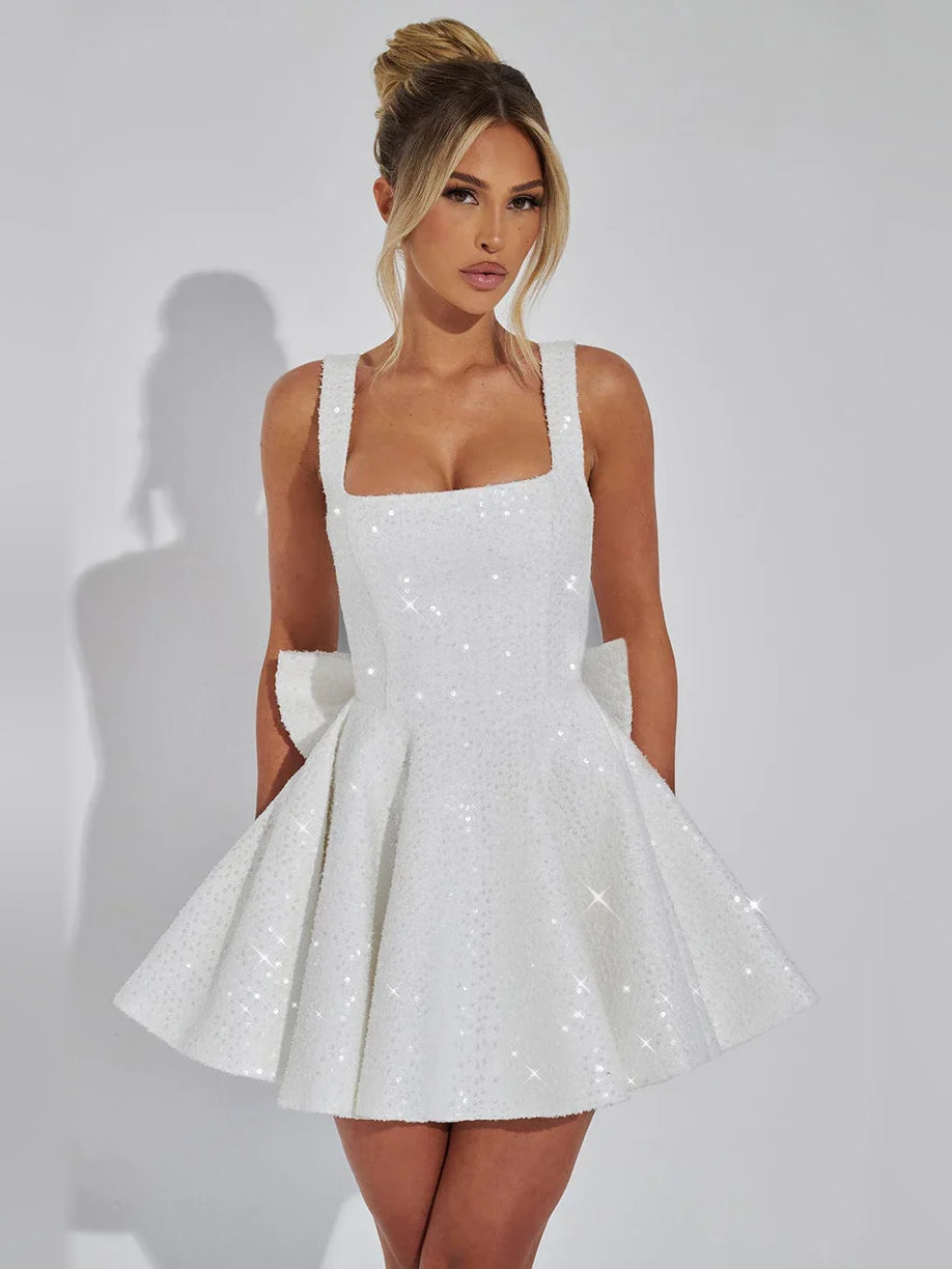 White sequin square-neck A-line mini dress with thin straps and pleated skirt