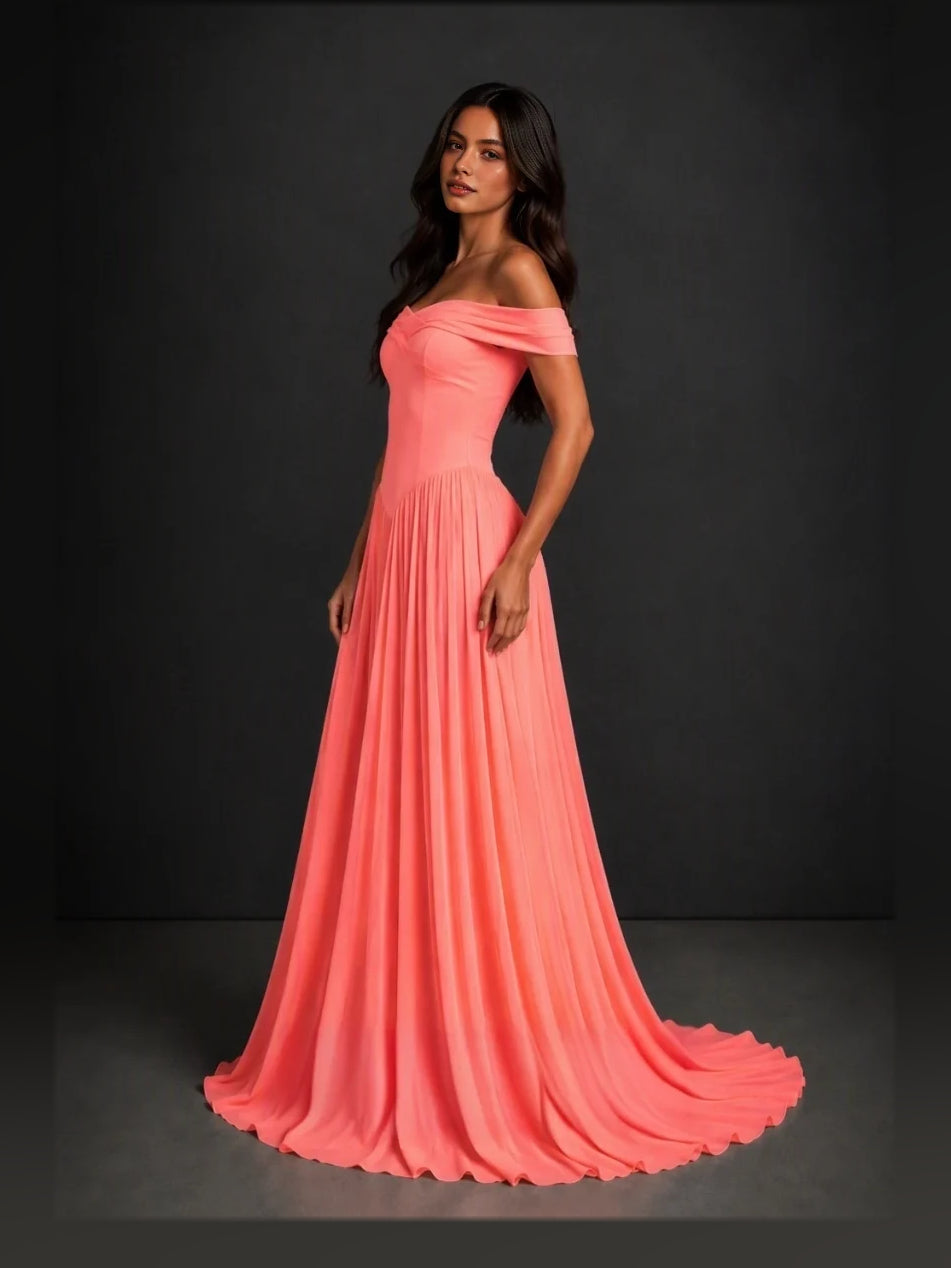 Coral pink off-shoulder draped corset A-line bridesmaid dress, full length