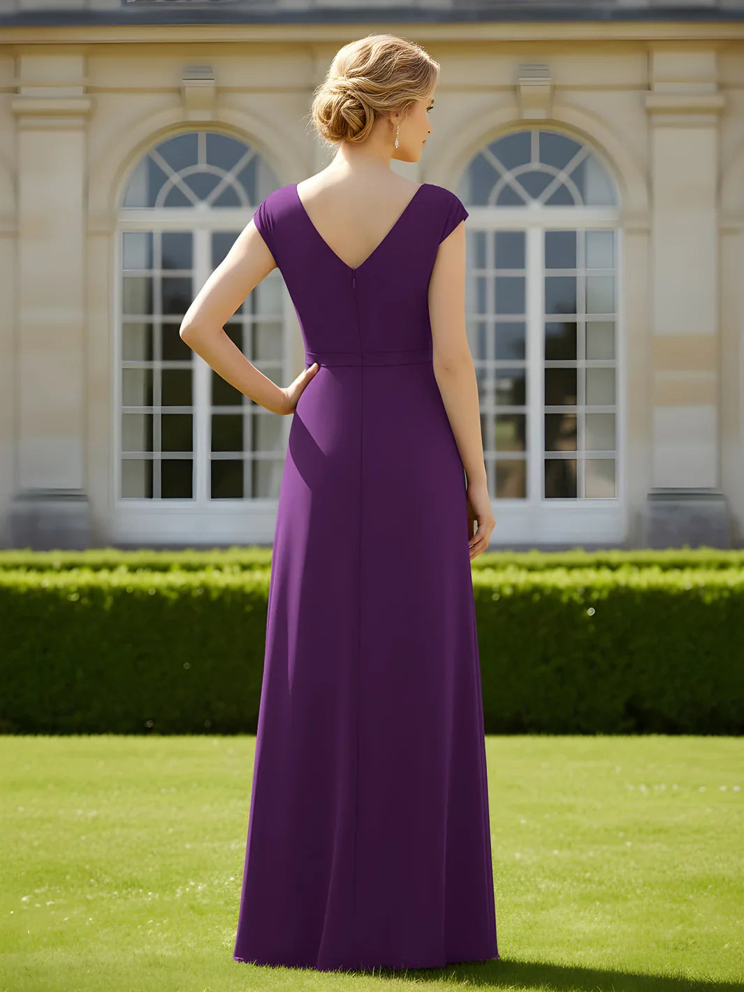 Ruched V-neck A-line chiffon mother-of-the-bride dress, grape, V-back, side view