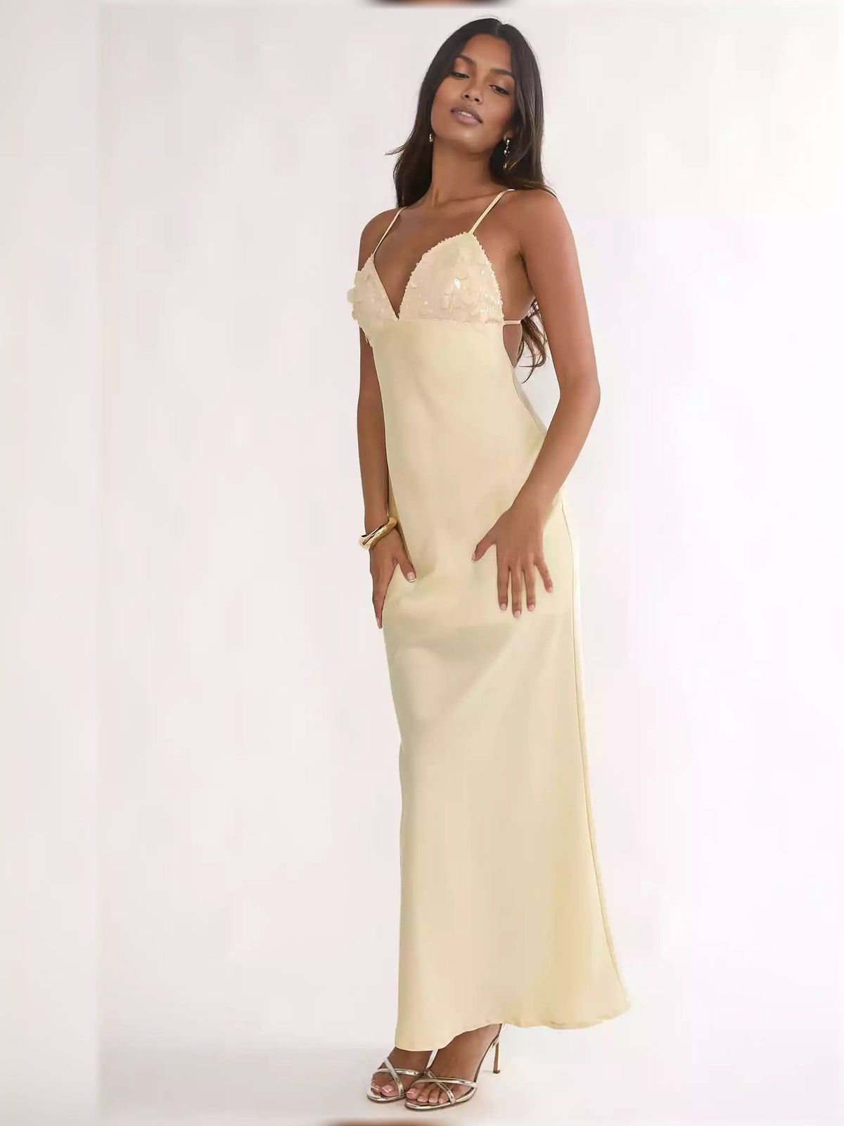 Pale lemon V-neck spaghetti strap formal dress, floor-length with sequin bodice