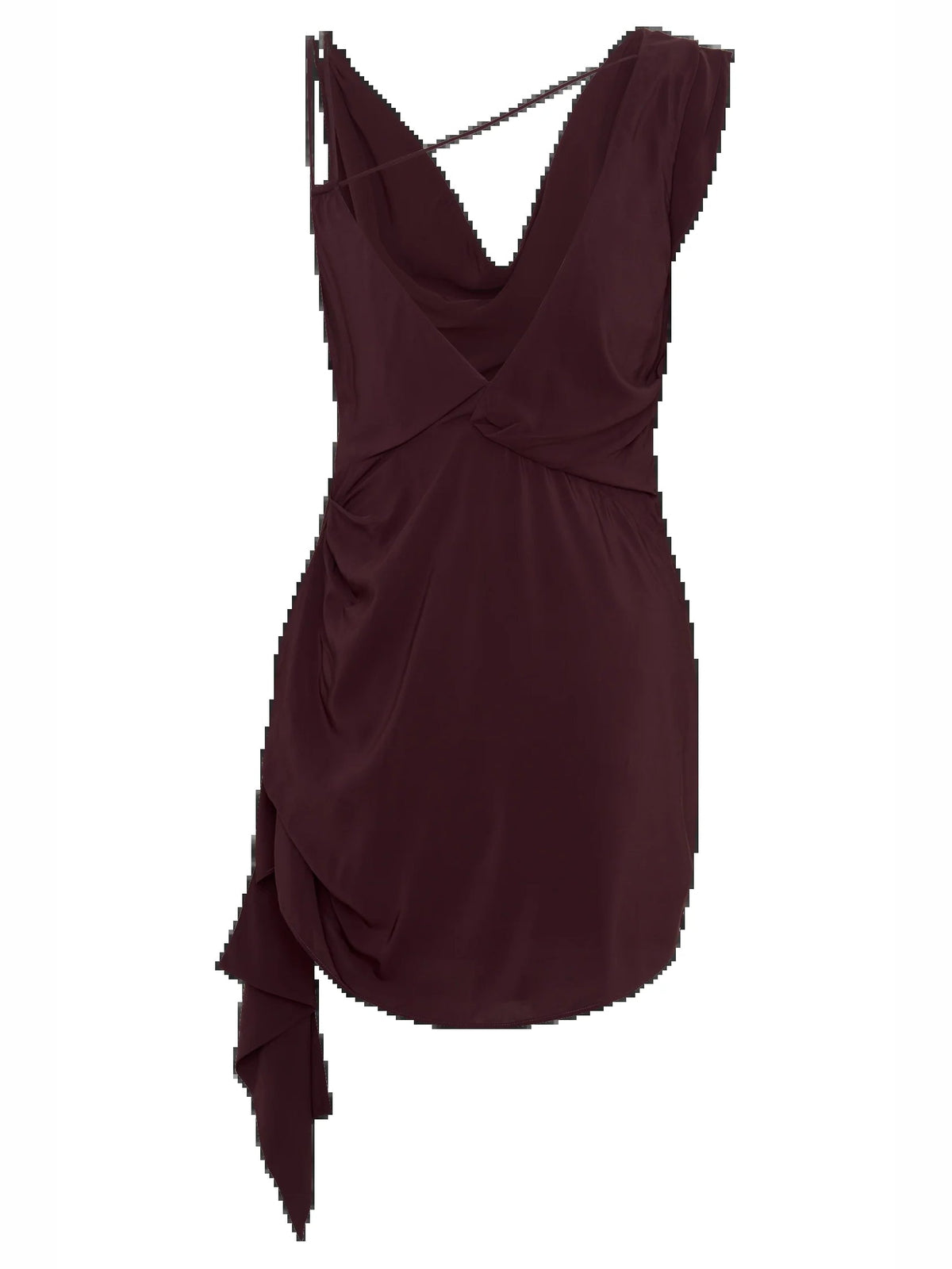 Plum satin mini dress with cowl neckline, sleeveless open-back straps, and tie