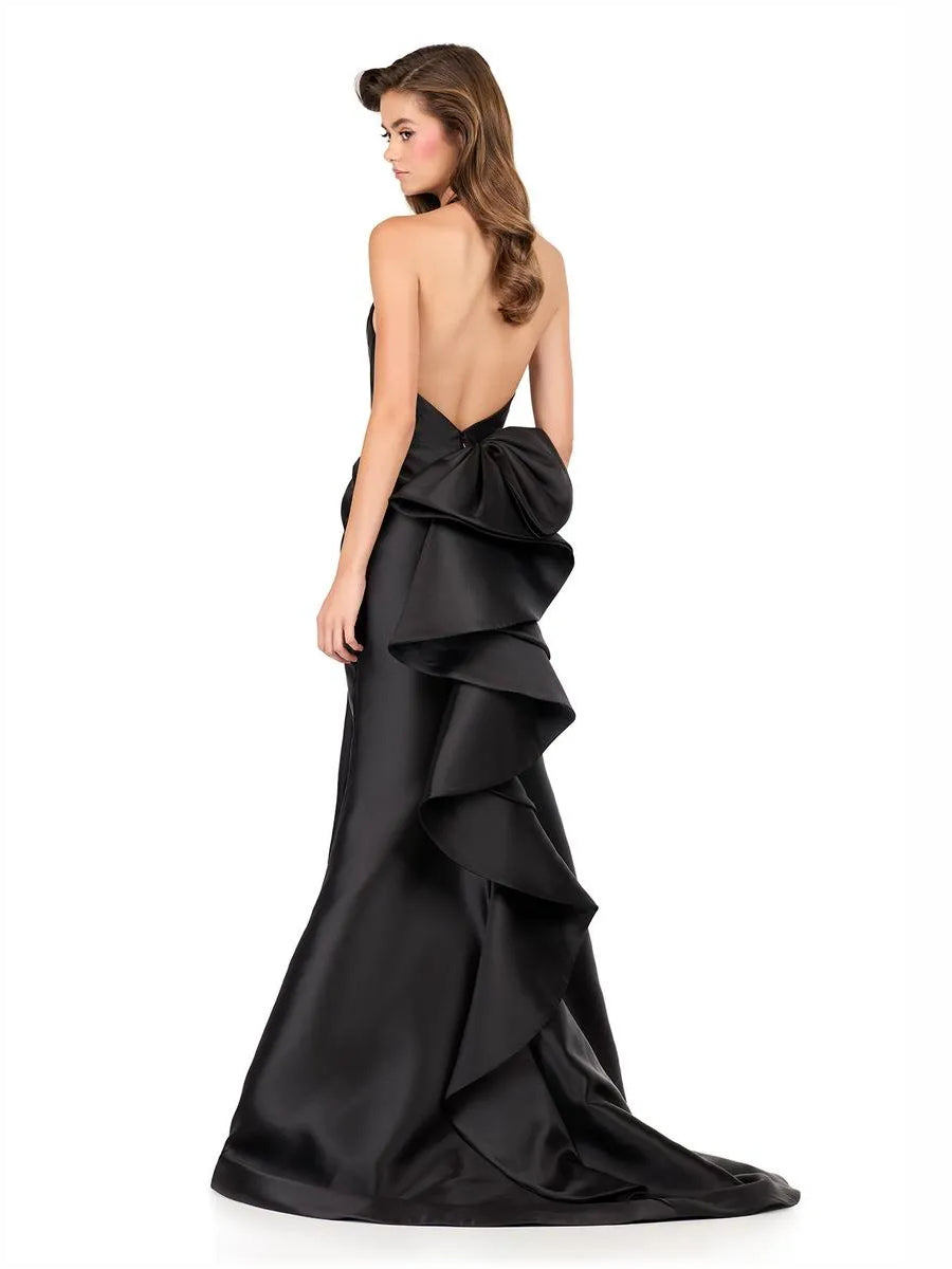 Black satin halter corset ruffle floor-length gown with tiered back detail