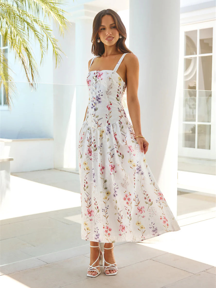 Blue a-line maxi formal dress with floral print, alternate full-length view showing the overall silhouette