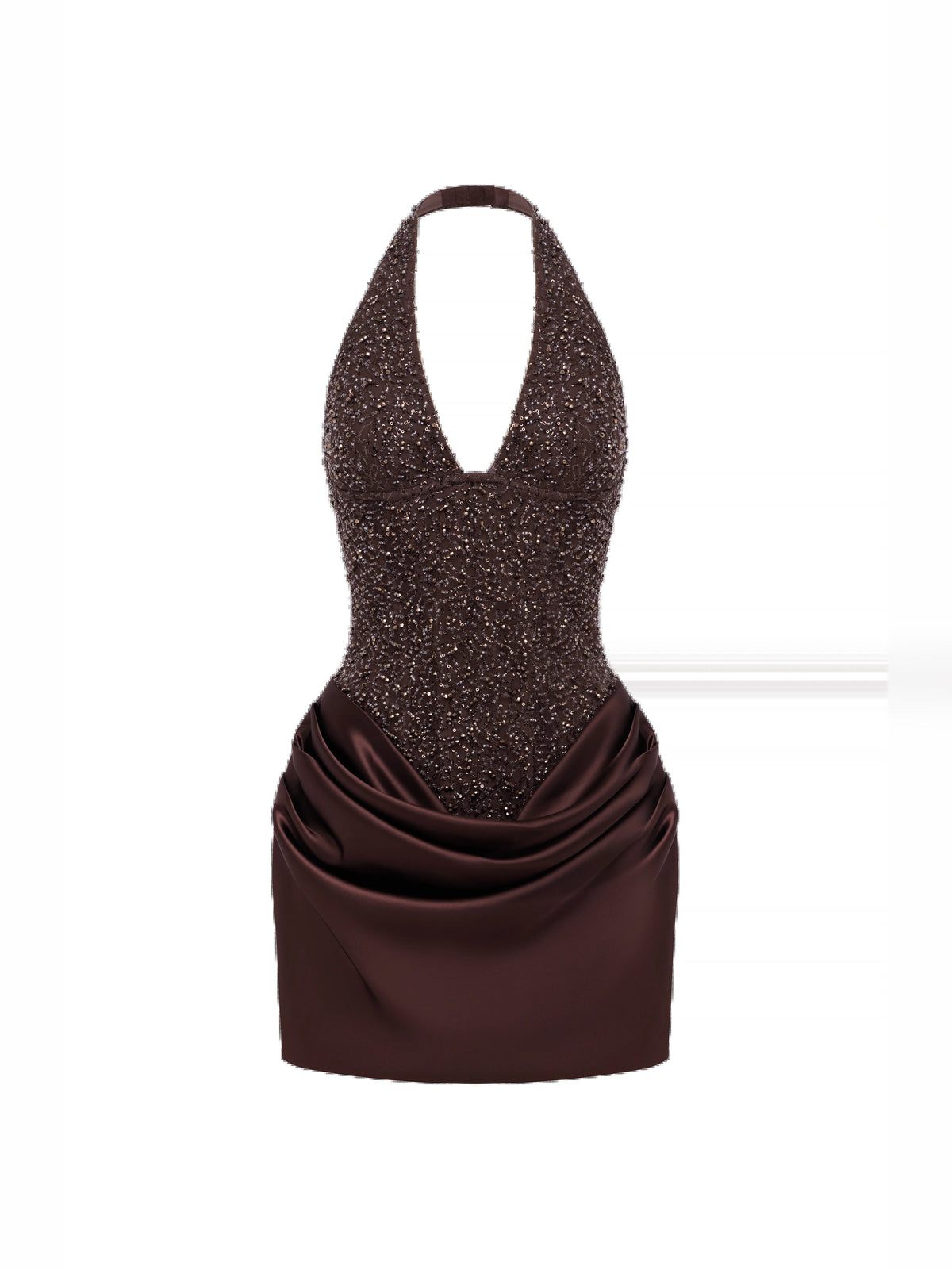 Brown sequin halter mini dress, open back V shape with dark satin skirt