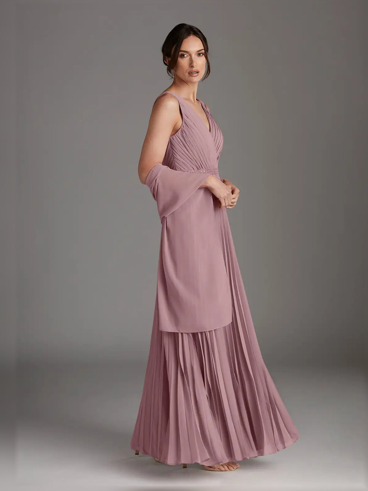 Dusty rose pleated chiffon maxi dress with V-neck and layered draped overlay